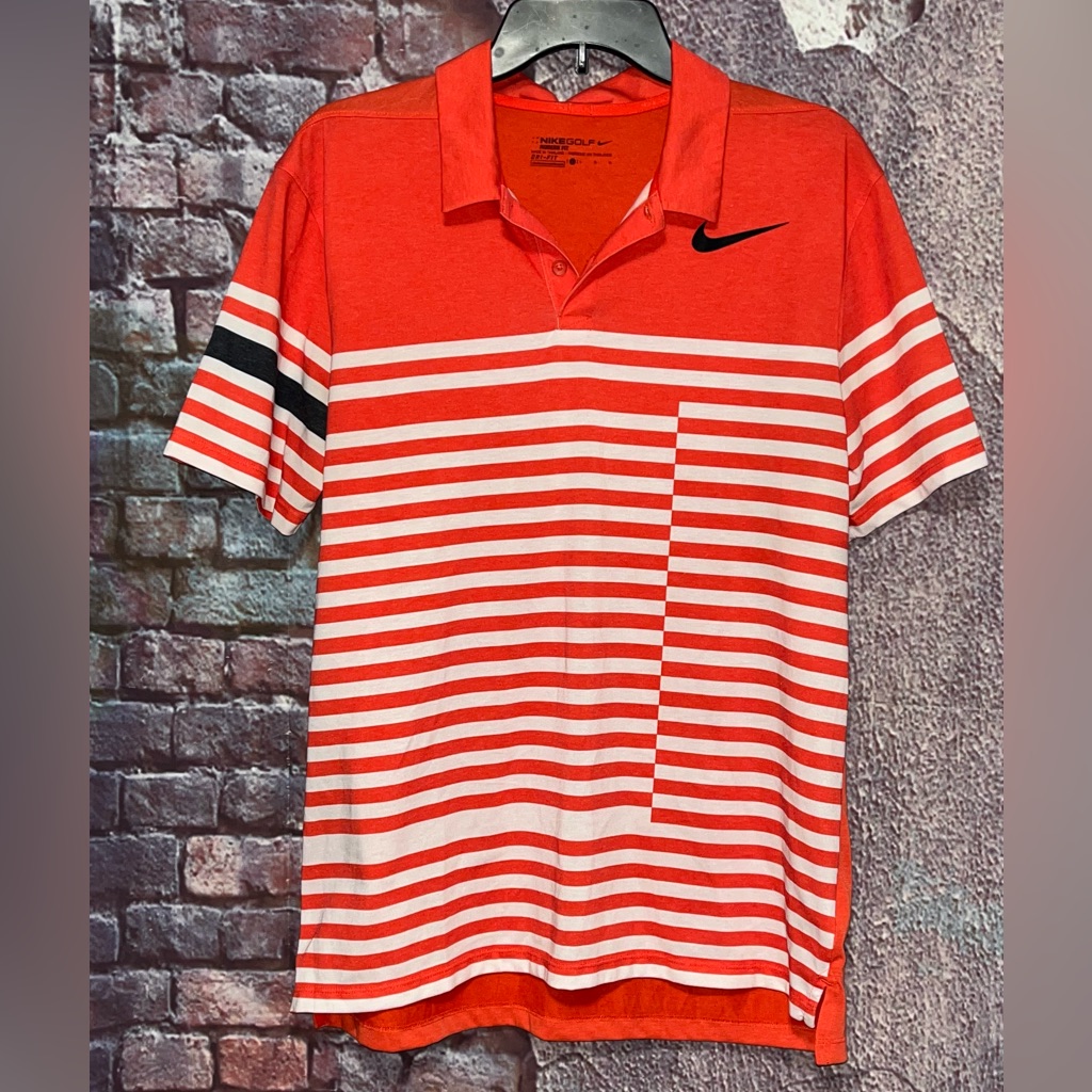 Nike Golf Red Orange & White Mens Stripe Polo Shirt Modern Fit Dri Fit Size L